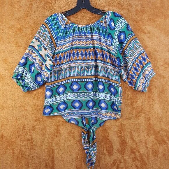 MINE Womens Top Small Blue Pullover Tie Bottom Lightweight Blouse Aztec - Picture 4 of 8